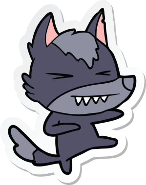 Bir insan tarafından çizilmiş kızgın bir kurt çizgi filminin çıkartması.