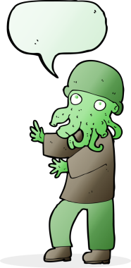 Bir insan tarafından çizilmiş konuşma balonu olan uzaylı bir adam.