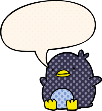 Bir insan tarafından çizilmiş çizgi roman tarzında konuşma balonu olan sevimli penguen.