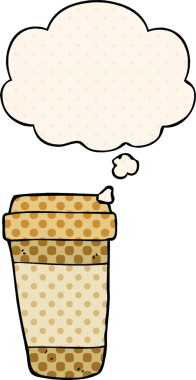 Çizgi roman tarzında bir insan tarafından çizilmiş düşünce balonlu kahve fincanı.