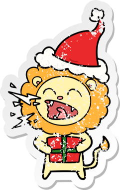 Kükreyen bir aslanın insan tarafından çizilmiş Noel Baba şapkasıyla çizilmiş bir karikatürü.