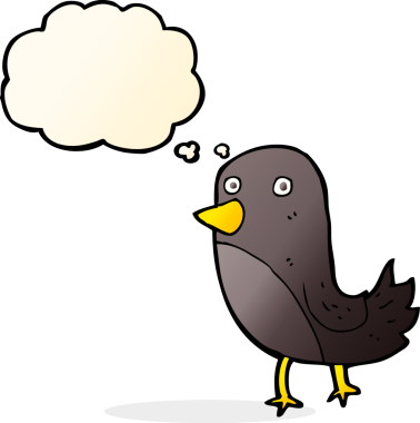 Bir insan tarafından çizilmiş düşünce baloncuklu çizgi film kuşu.