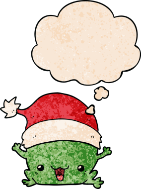 Bir insan tarafından çizilmiş grunge desenli düşünce baloncuğu olan şirin bir çizgi roman noel kurbağası.