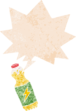 Bir insan tarafından çizilmiş, grunge 'de konuşma baloncuğu olan karikatür soda şişesi.