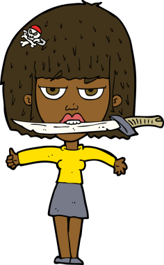 Bir insan tarafından çizilmiş, dişlerinin arasında bıçak olan çizgi film kadını.