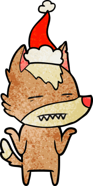 Bir insanın çizdiği Noel Baba şapkasını takan bir kurdun el çizimi karikatürü.