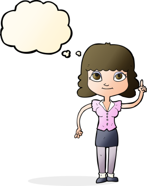 Bir insan tarafından çizilmiş düşünce baloncuğu fikri olan karikatür kadın.