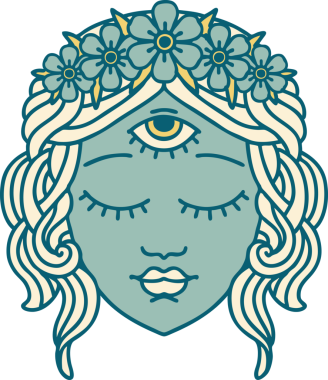 İkonik dövme stili. Üçüncü gözü ve bir insan tarafından çizilmiş çiçek taçlı kadın yüzü.