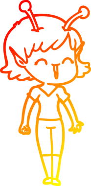 Bir insan tarafından çizilen gülen uzaylı bir kızın sıcak çizgi çizimi.