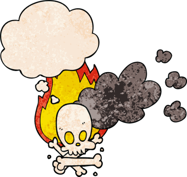 Bir insan tarafından çizilmiş grunge dokuda düşünce baloncuğu ile yanan kemikler.