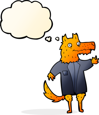 Bir insan tarafından çizilmiş düşünce baloncuğu olan tilki bir iş adamı.