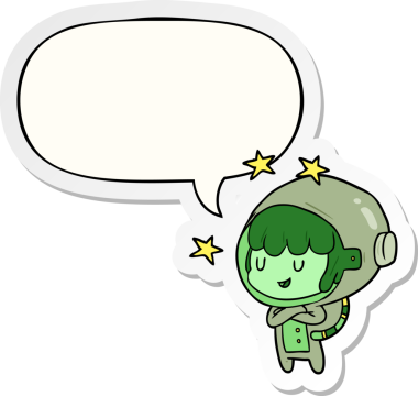 Bir insan tarafından çizilmiş konuşma kabarcığı çıkartması olan uzay giysisi içindeki kadın astronot.