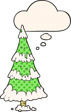 Çizgi roman tarzında bir insan tarafından çizilmiş düşünce baloncuğu olan bir noel ağacı.