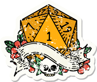 Bir insan tarafından çizilmiş doğal bir d20 zarının grunge çıkartması.