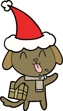 Noel hediyesi olan ve Noel Baba şapkası takan bir köpeğin insan tarafından çizilmiş güzel el çizimleri.