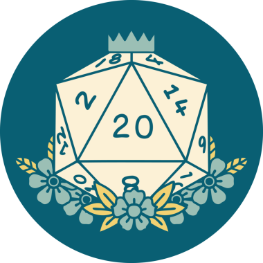 Retro Dövme Biçimi Doğal 20 D20 zar bir insan tarafından çizilmiş çiçek elementleriyle