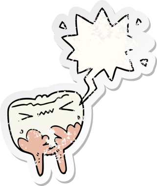 Çizgi filmlerdeki kötü dişler ve konuşma baloncukları bir insan tarafından çizilmiş sıkıntılı eski çıkartmalar.