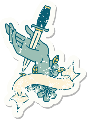 Bir insan tarafından çizilmiş bir hançerin bayrağını taşıyan eski bir etiket.