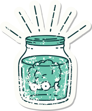 Bir insan tarafından çizilmiş kavanozda dövmeli bir beynin eski bir çıkartması.