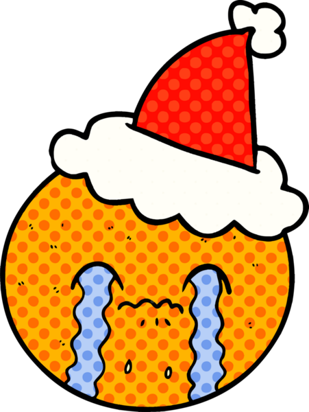 Bir insan tarafından çizilmiş, portakal rengi Noel Baba şapkası takan bir çizgi roman çizimi.