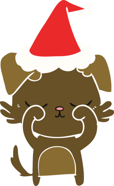 Bir insan tarafından çizilmiş Noel Baba şapkası takan bir köpeğin düz renk çizimi.
