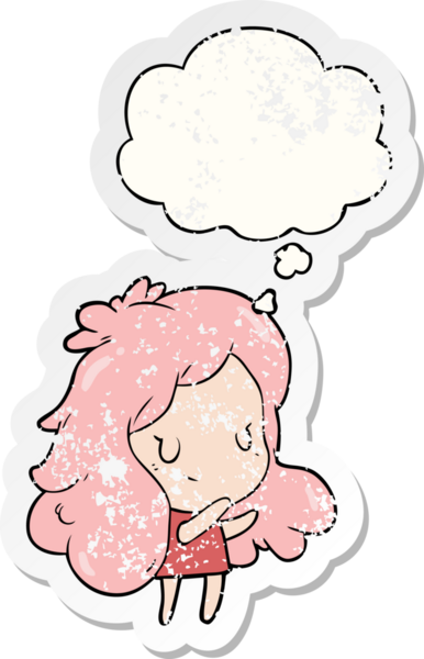 Düşünce baloncuğu olan çizgi film kızı bir insan tarafından çizilmiş yıpranmış bir çıkartma gibi.