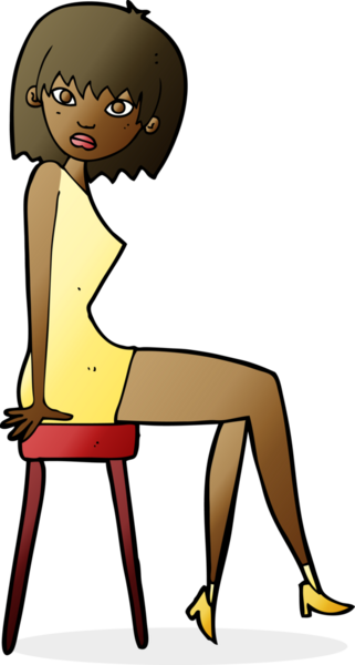 Bir insan tarafından çizilmiş taburede oturan karikatür kadını.