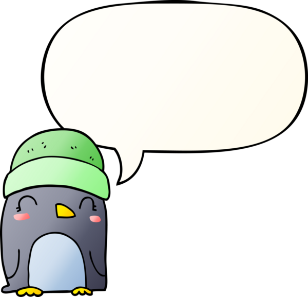 Bir insan tarafından çizilmiş düzgün eğimli konuşma baloncuğu olan sevimli penguen çizgi filmi