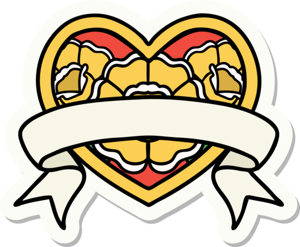 Geleneksel kalp stili dövme çıkartması ve bir insan tarafından çizilmiş çiçekli pankart.