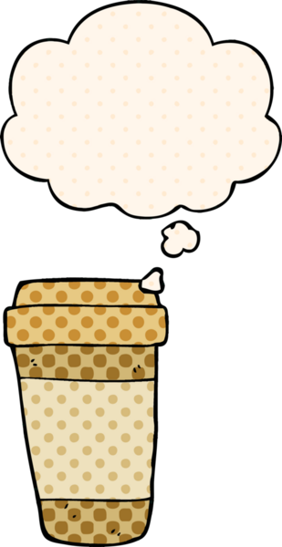 Çizgi roman tarzında bir insan tarafından çizilmiş düşünce balonlu kahve fincanı.