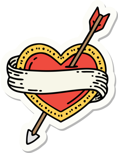 Bir insan tarafından çizilmiş ok kalp ve pankartın geleneksel stiliyle dövme çıkartması.