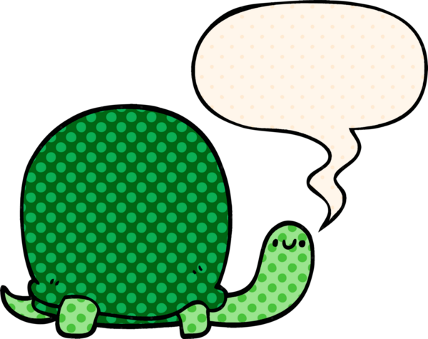 Bir insan tarafından çizilmiş çizgi roman tarzında konuşma balonu olan şirin bir kaplumbağa.