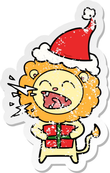 Kükreyen bir aslanın insan tarafından çizilmiş Noel Baba şapkasıyla çizilmiş bir karikatürü.