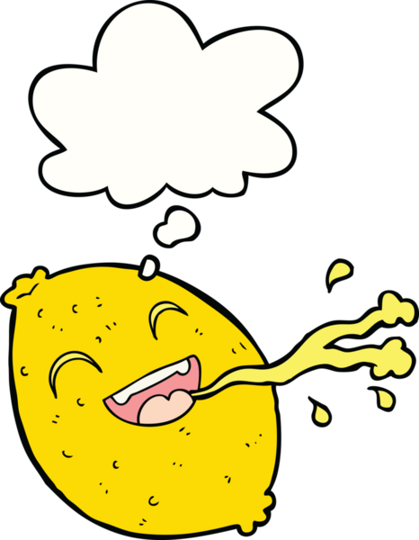 Bir insan tarafından çizilmiş düşünce balonlu limon fışkırtan çizgi film.