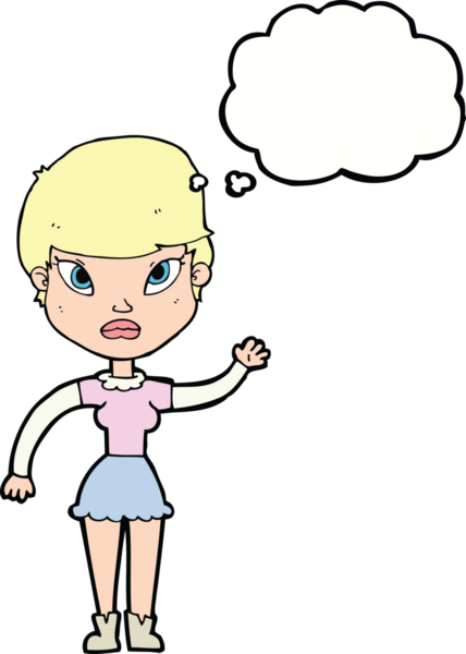 Bir insan tarafından çizilmiş düşünce baloncuğuyla el sallayan çizgi film kadını.