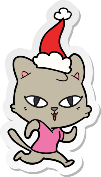 Bir insan tarafından çizilmiş Noel Baba şapkasıyla koşuya çıkmış bir kedinin el yazısı.