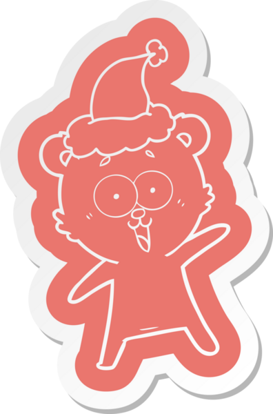 Gülen ayıcık garip çizgi film çıkartması Noel Baba şapkası giyen bir insan tarafından çizilmiş.