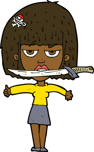 Bir insan tarafından çizilmiş, dişlerinin arasında bıçak olan çizgi film kadını.