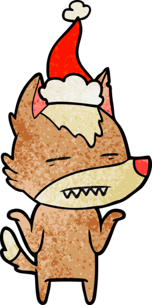 Bir insanın çizdiği Noel Baba şapkasını takan bir kurdun el çizimi karikatürü.