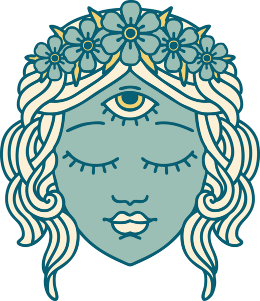 İkonik dövme stili. Üçüncü gözü ve bir insan tarafından çizilmiş çiçek taçlı kadın yüzü.