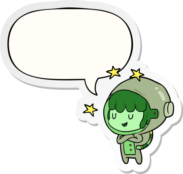 Bir insan tarafından çizilmiş konuşma kabarcığı çıkartması olan uzay giysisi içindeki kadın astronot.