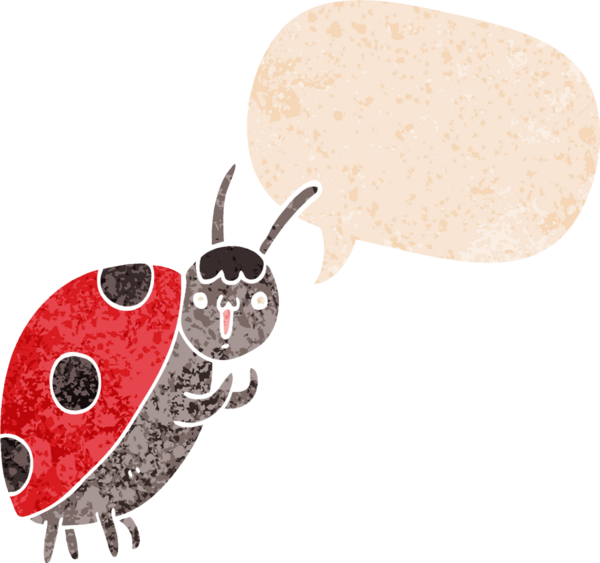Bir insan tarafından çizilmiş grunge sıkıntılı retro tarzı konuşma balonu ile sevimli uğur böceği çizgi filmi
