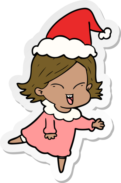 Bir insan tarafından çizilmiş Noel Baba şapkası giyen bir kızın mutlu el çizimi karikatürü.