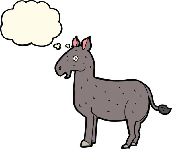 Bir insan tarafından çizilmiş düşünce kabarcığı olan çizgi film katırı.