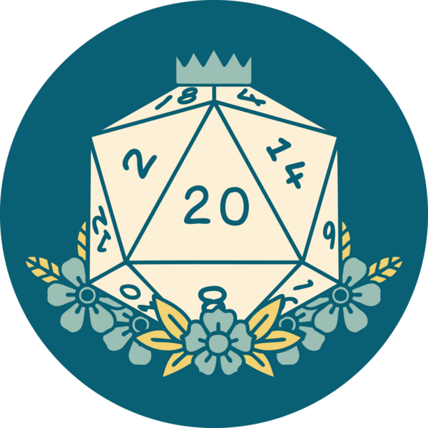 Retro Dövme Biçimi Doğal 20 D20 zar bir insan tarafından çizilmiş çiçek elementleriyle