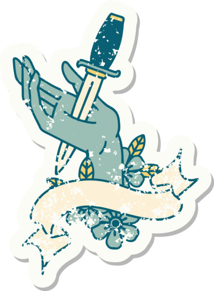 Bir insan tarafından çizilmiş bir hançerin bayrağını taşıyan eski bir etiket.