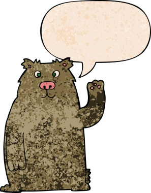 Bir insan tarafından çizilmiş eski moda konuşma baloncuğu olan çizgi film ayısı.