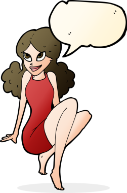 bir insan tarafından çizilmiş konuşma balonuyla poz veren çekici bir kadın.