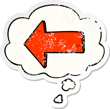 Düşünce baloncuğu olan çizgi film oku bir insan tarafından çizilmiş yıpranmış bir çıkartma gibi.