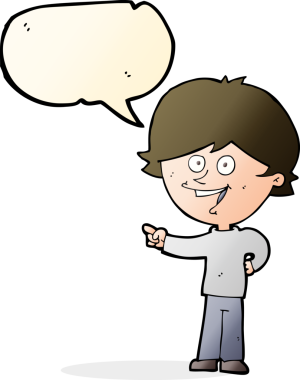 Bir insan tarafından çizilmiş konuşma balonuyla gülen ve işaret eden çizgi film çocuğu.